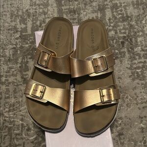 Madden Girl Metallic Rose Gold Buckle Slides